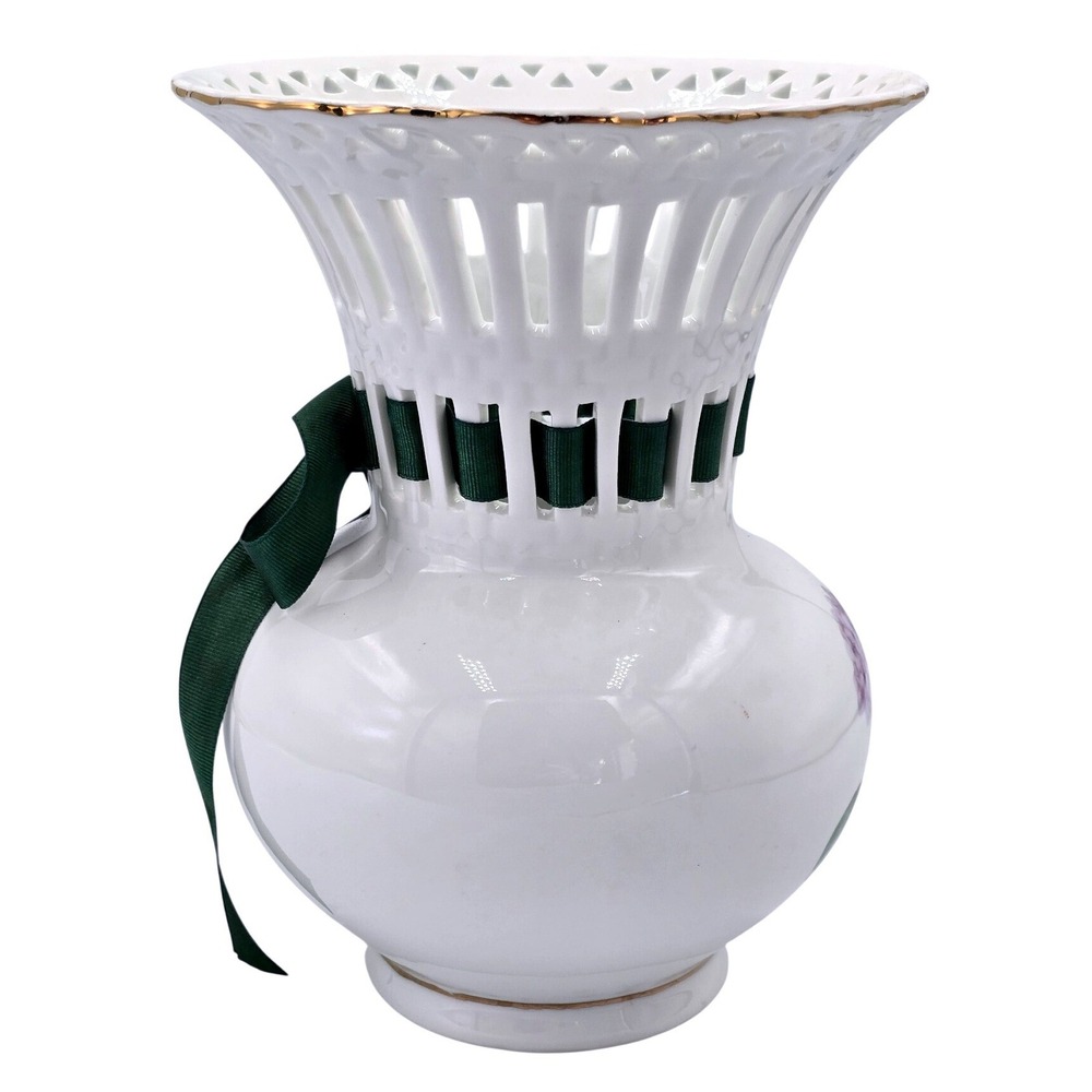 Purple Hydrangea Porcelain Flower Vase Gold Trim Lattice‎ Neck - Picture 5 of 14